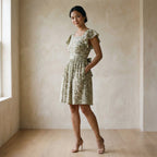Olive Green Floral Block Print Cotton Open-Back Fit and Flare Knee Length Dress