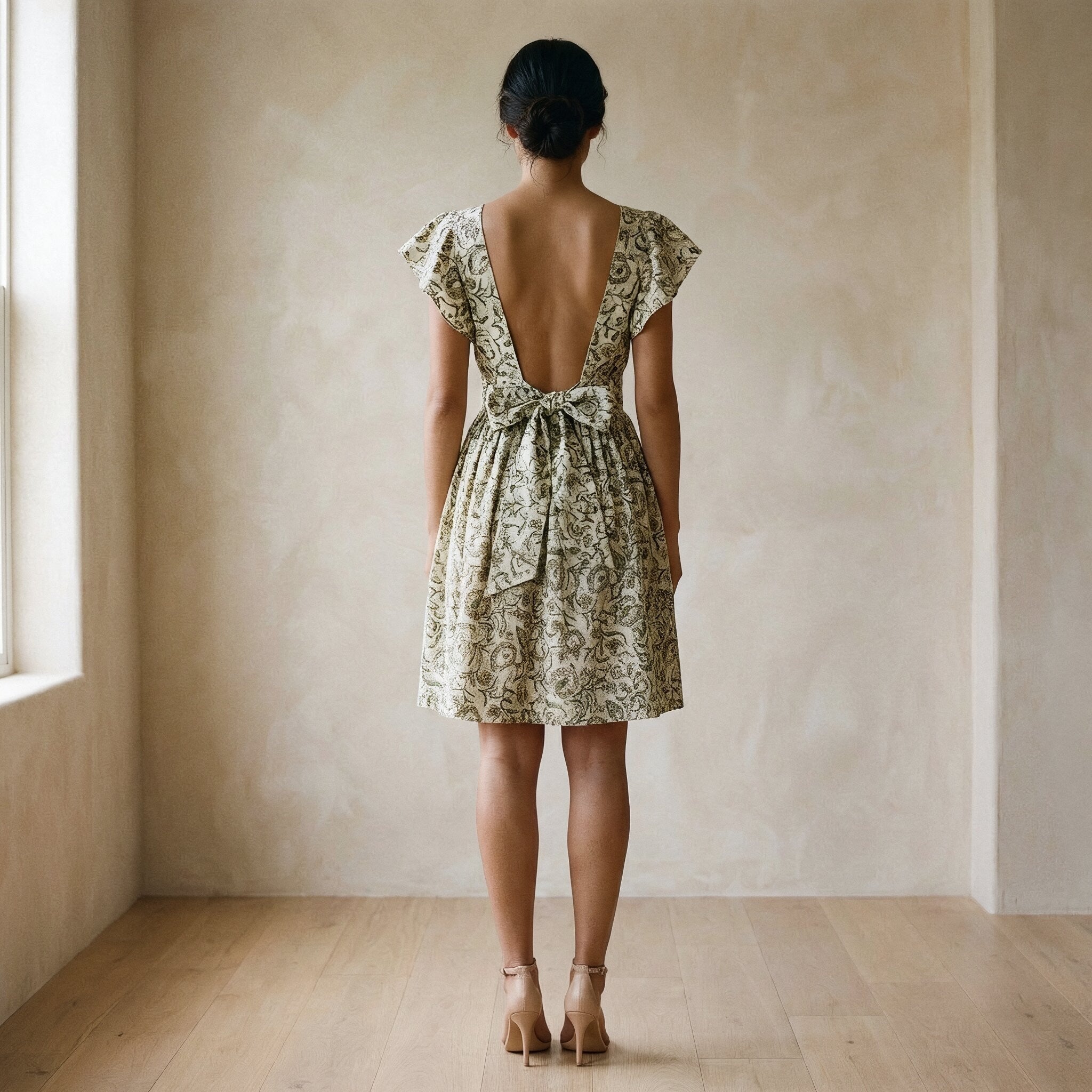 Olive Green Floral Block Print Cotton Open-Back Fit and Flare Knee Length Dress