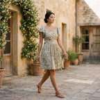 Olive Green Floral Block Print Cotton Open-Back Fit and Flare Knee Length Dress