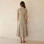 Olive Green Floral Block Print Cotton Paneled A-Line Midi Dress