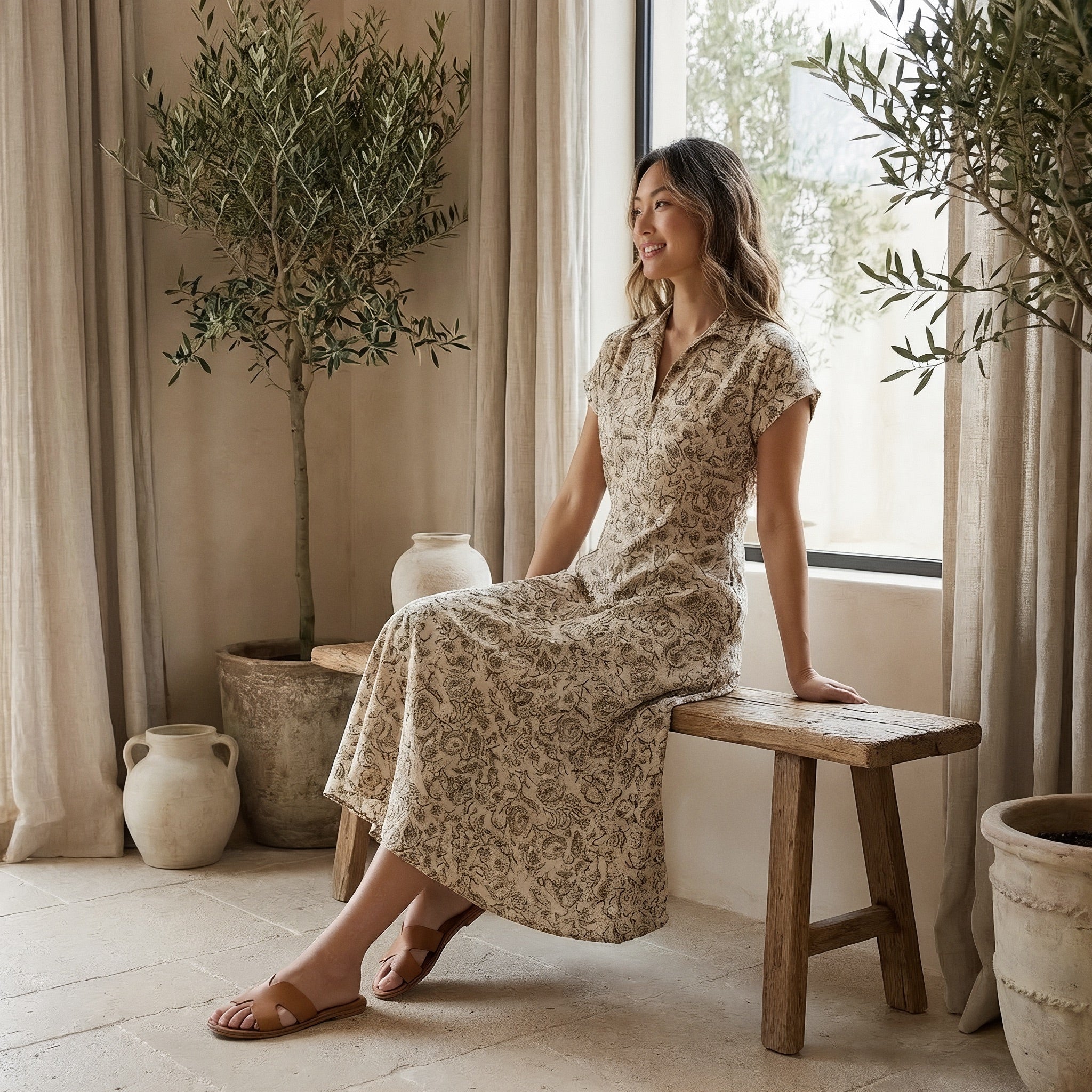 Olive Green Floral Block Print Cotton Paneled A-Line Midi Dress