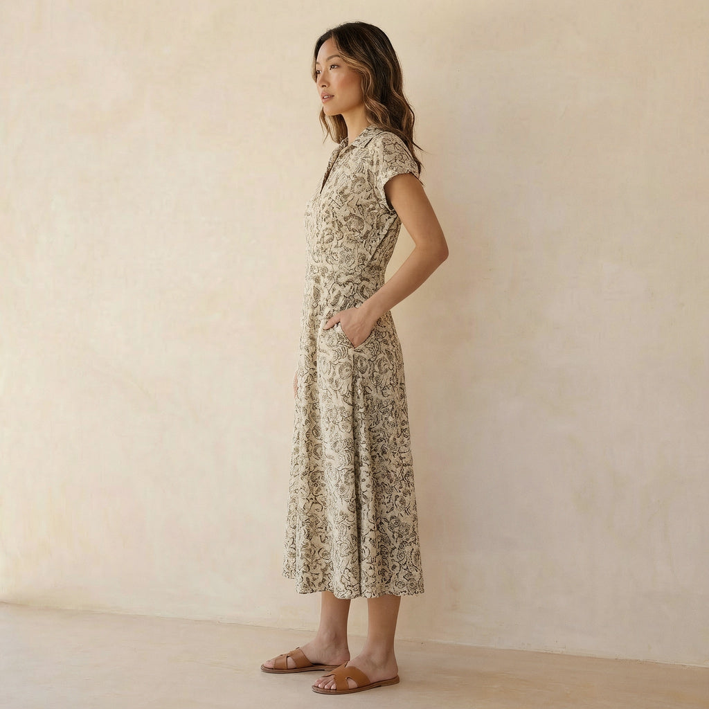Olive Green Floral Block Print Cotton Paneled A-Line Midi Dress