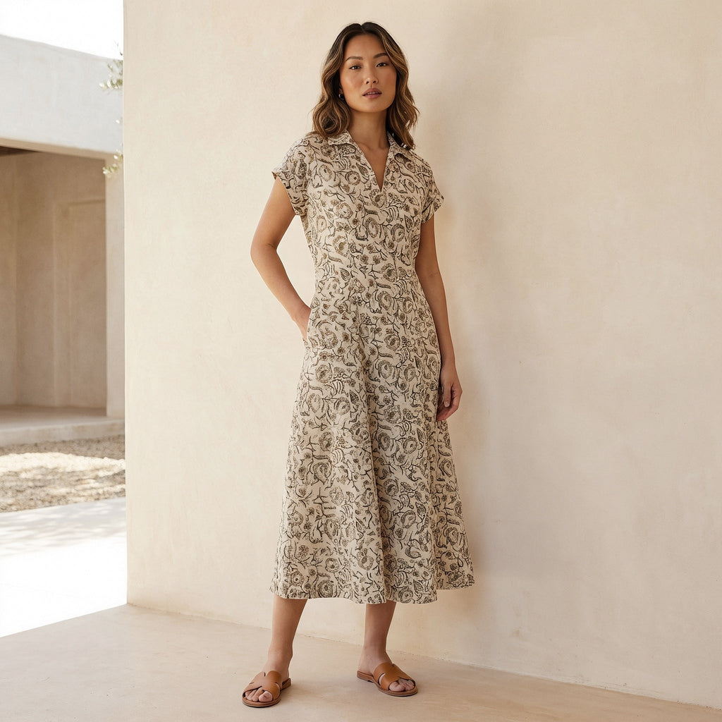 Olive Green Floral Block Print Cotton Paneled A-Line Midi Dress