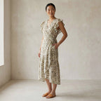 Olive Green Floral Block Print Cotton Ruffle Midi Wrap Dress
