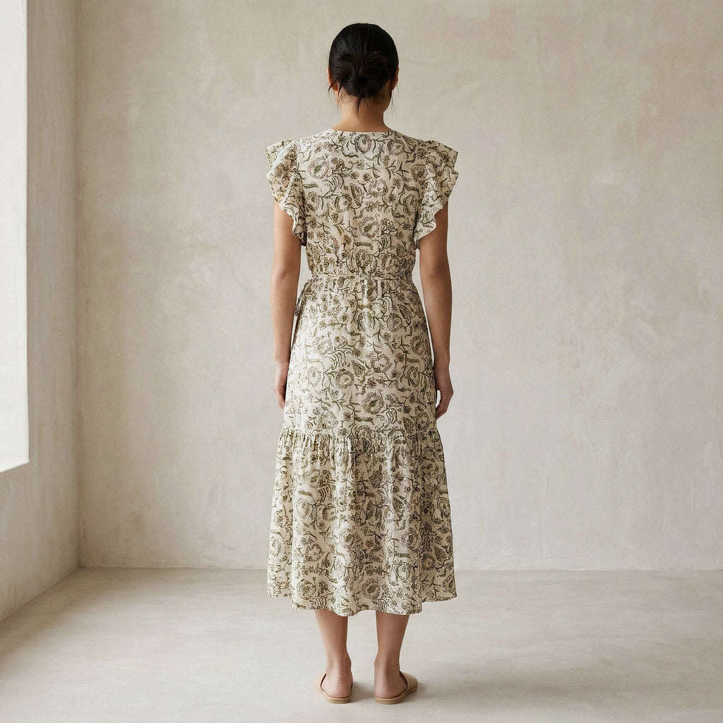 Olive Green Floral Block Print Cotton Ruffle Midi Wrap Dress