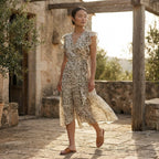 Olive Green Floral Block Print Cotton Ruffle Midi Wrap Dress