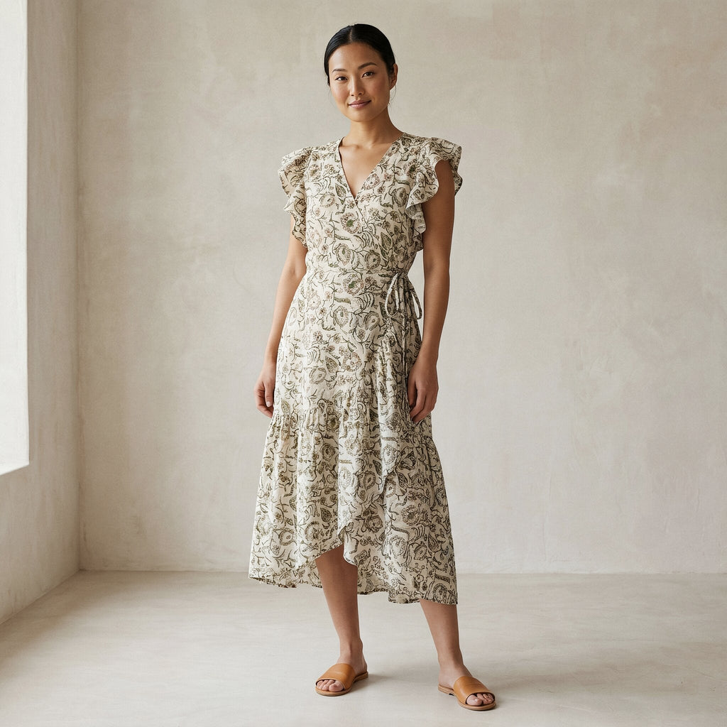 Olive Green Floral Block Print Cotton Ruffle Midi Wrap Dress