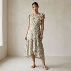 Olive Green Floral Block Print Cotton Ruffle Midi Wrap Dress