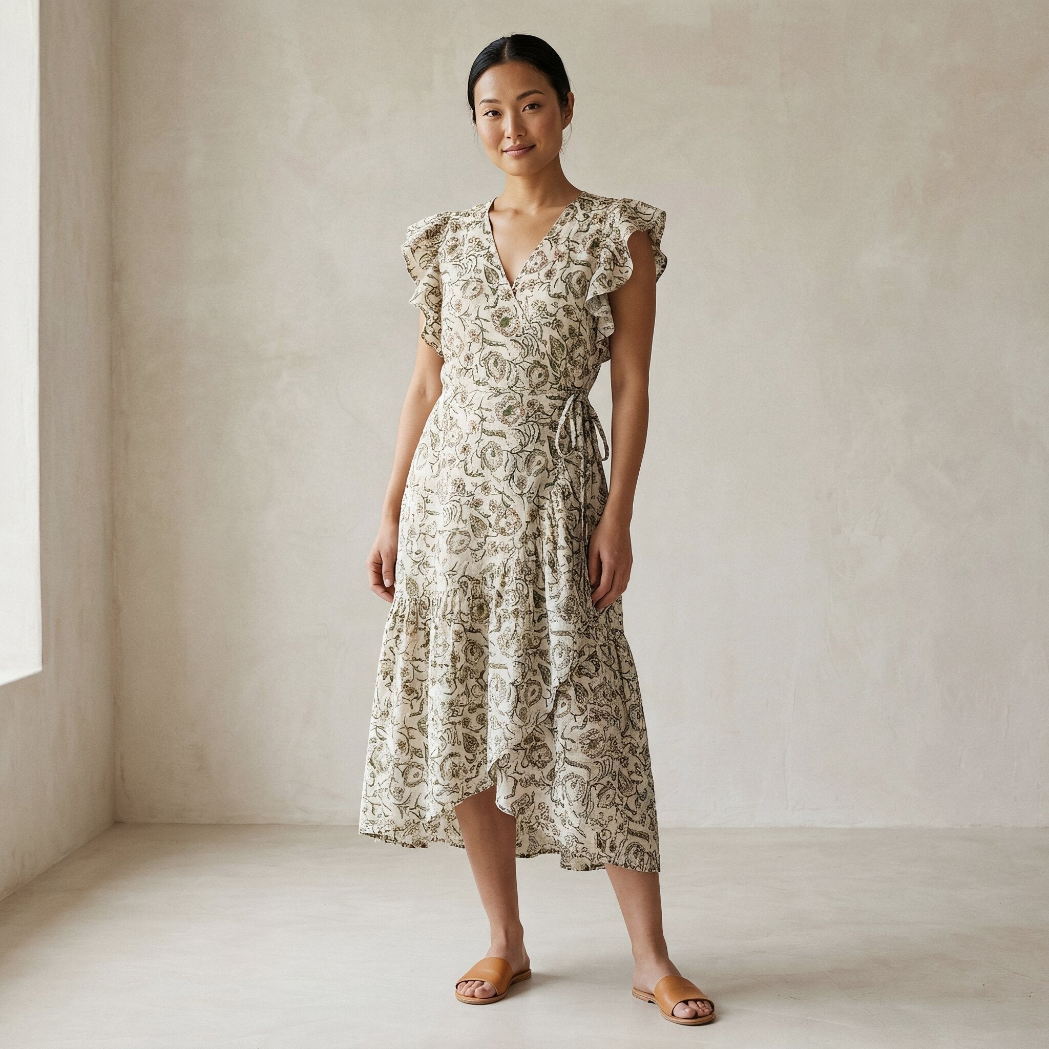 Olive Green Floral Block Print Cotton Ruffle Midi Wrap Dress