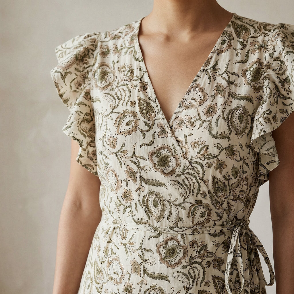 Olive Green Floral Block Print Cotton Ruffle Midi Wrap Dress