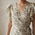 Olive Green Floral Block Print Cotton Ruffle Midi Wrap Dress
