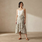 Olive Green Floral Block Print Cotton Ruffle Midi Wrap Skirt