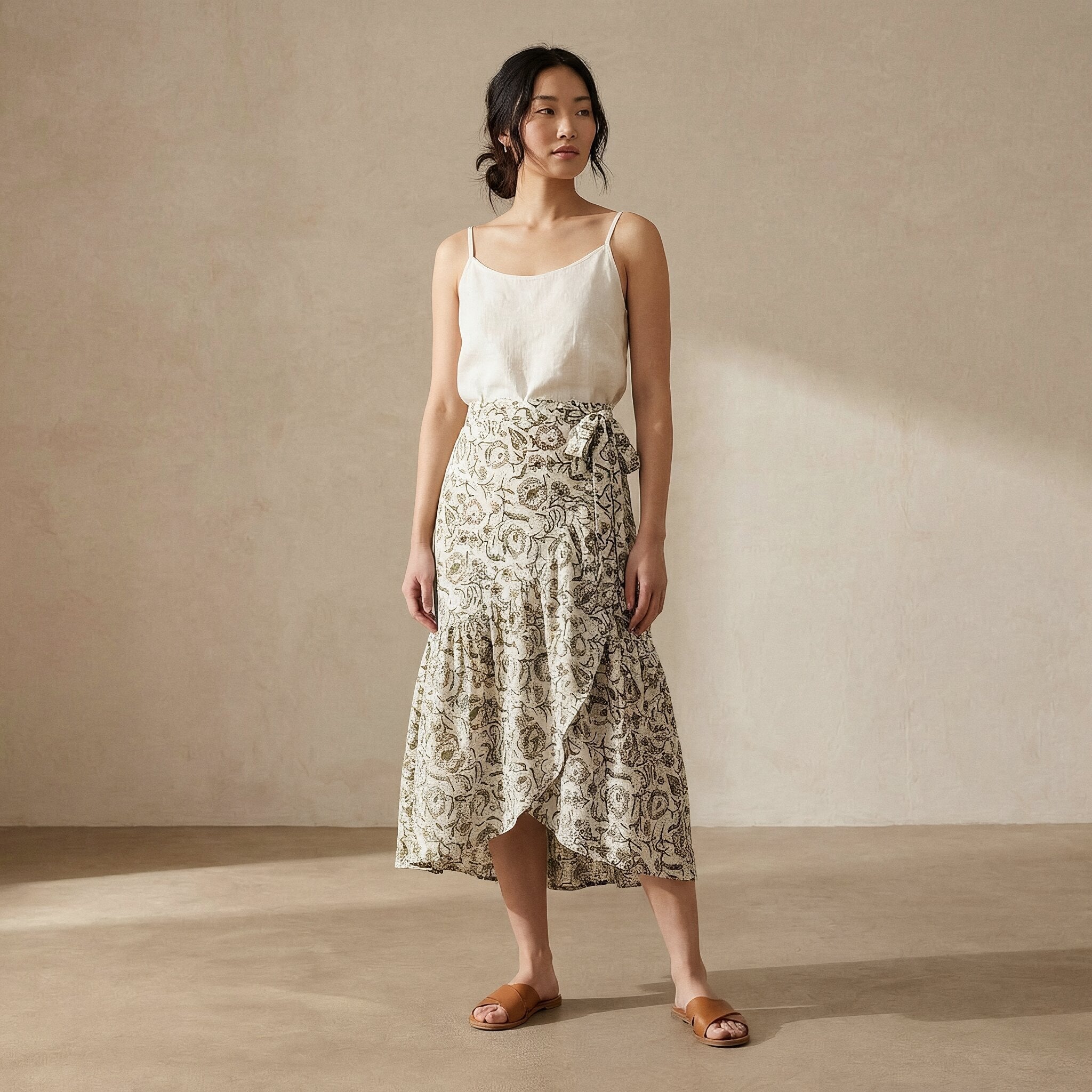Olive Green Floral Block Print Cotton Ruffle Midi Wrap Skirt