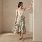 Olive Green Floral Block Print Cotton Ruffle Midi Wrap Skirt