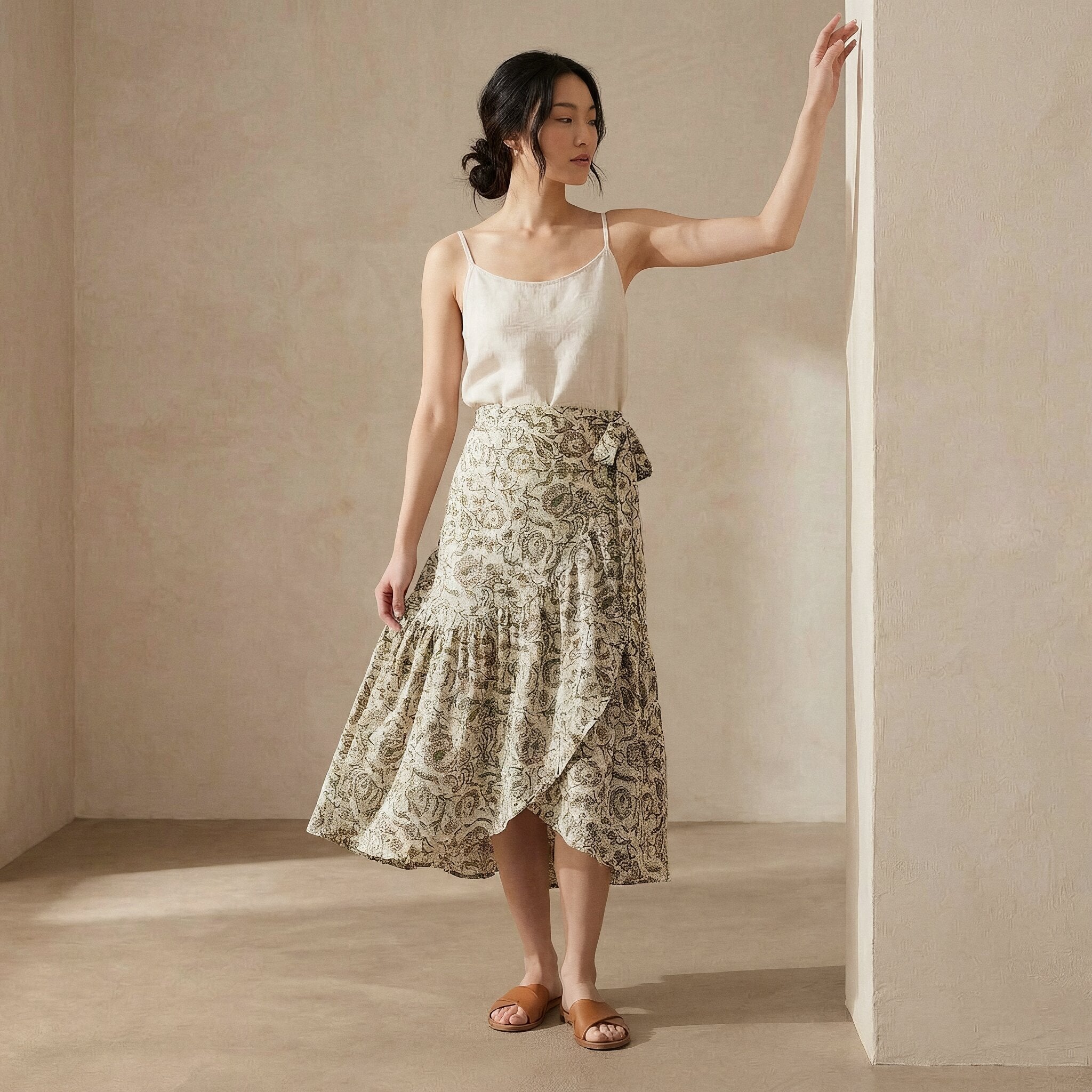 Olive Green Floral Block Print Cotton Ruffle Midi Wrap Skirt