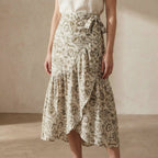 Olive Green Floral Block Print Cotton Ruffle Midi Wrap Skirt