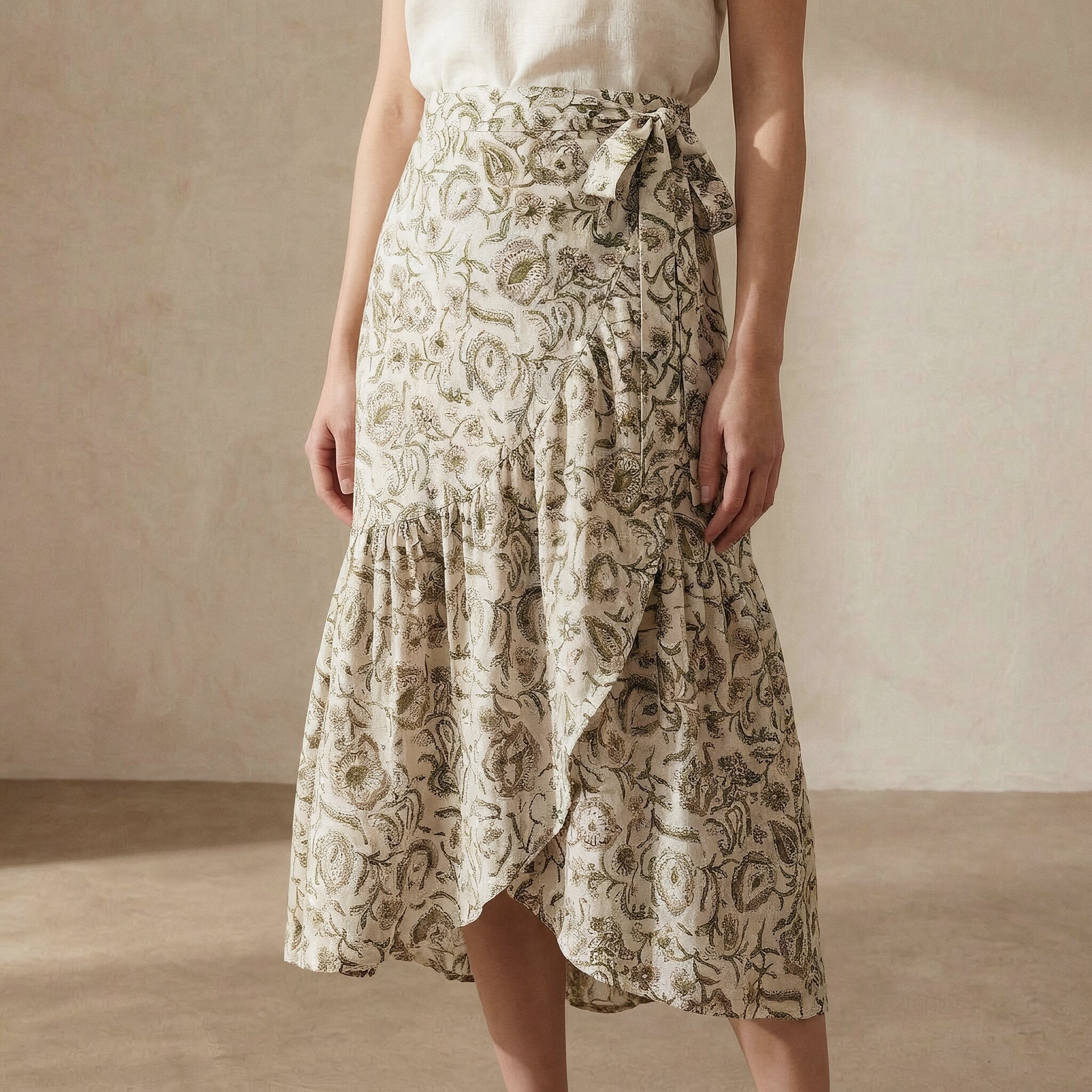 Olive Green Floral Block Print Cotton Ruffle Midi Wrap Skirt