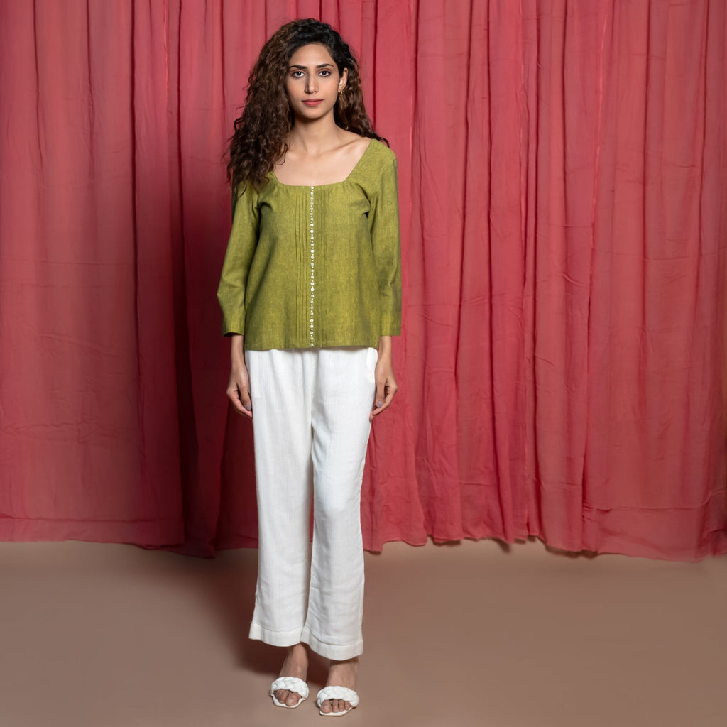 Front View of a Model wearing Olive Green Square Neck Handspun Cotton Hand Beaded Top