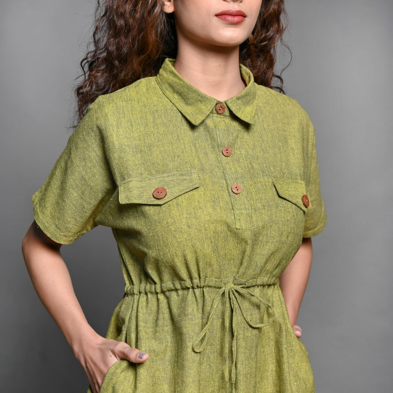 Front Detail of a Model wearing Olive Green Handspun Cotton Short Safari Dress