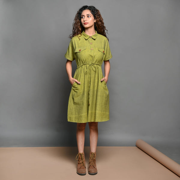 Front View of a Model wearing Olive Green Handspun Cotton Short Safari Dress