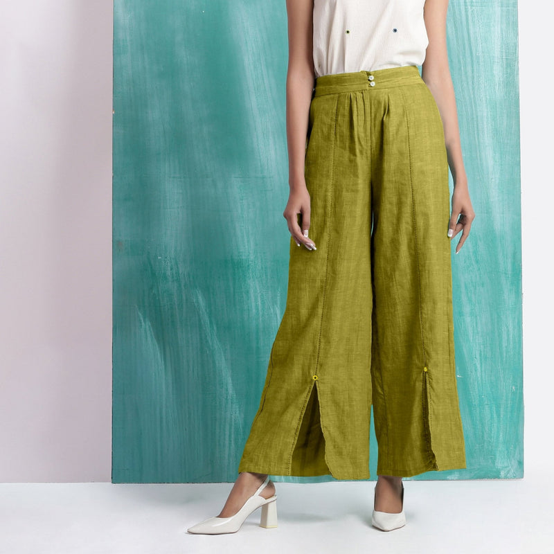 Olive Green Handspun Cotton Elasticated Mid-Rise Wide Legged Pant
