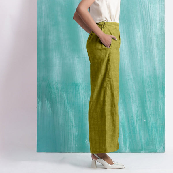 Olive Green Handspun Cotton Elasticated Mid-Rise Wide Legged Pant