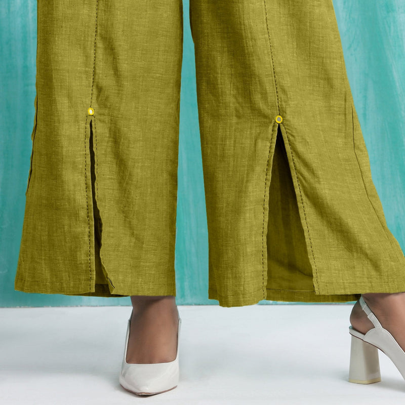 Olive Green Handspun Cotton Elasticated Mid-Rise Wide Legged Pant