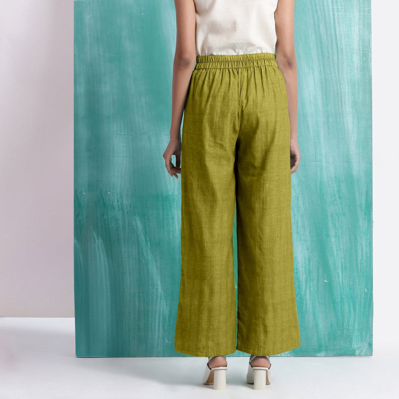 Olive Green Handspun Cotton Elasticated Mid-Rise Wide Legged Pant