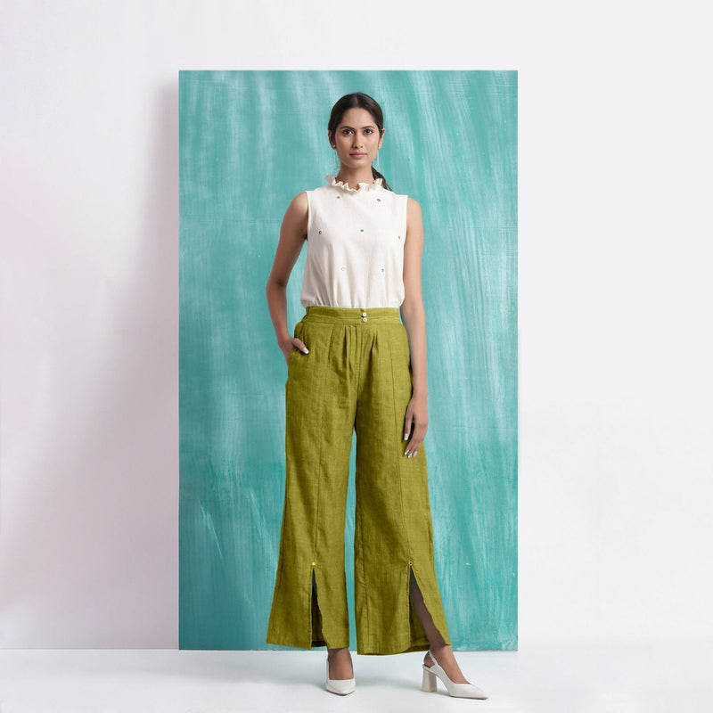 Olive Green Handspun Cotton Elasticated Mid-Rise Wide Legged Pant