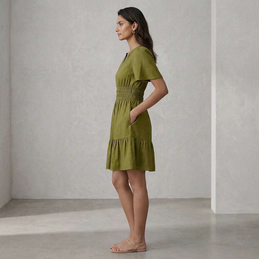 Olive Green Handspun Cotton Elasticated Short Tier Dress