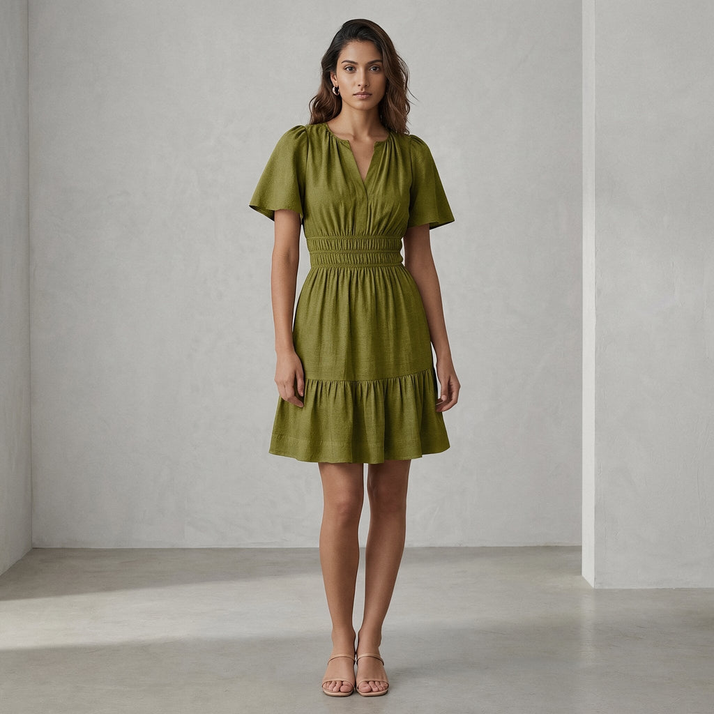 Olive Green Handspun Cotton Elasticated Short Tier Dress