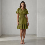 Olive Green Handspun Cotton Elasticated Short Tier Dress