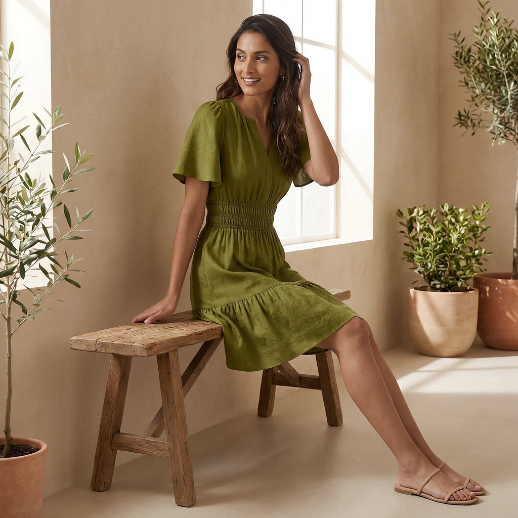 Olive Green Handspun Cotton Elasticated Short Tier Dress