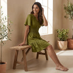Olive Green Handspun Cotton Elasticated Short Tier Dress
