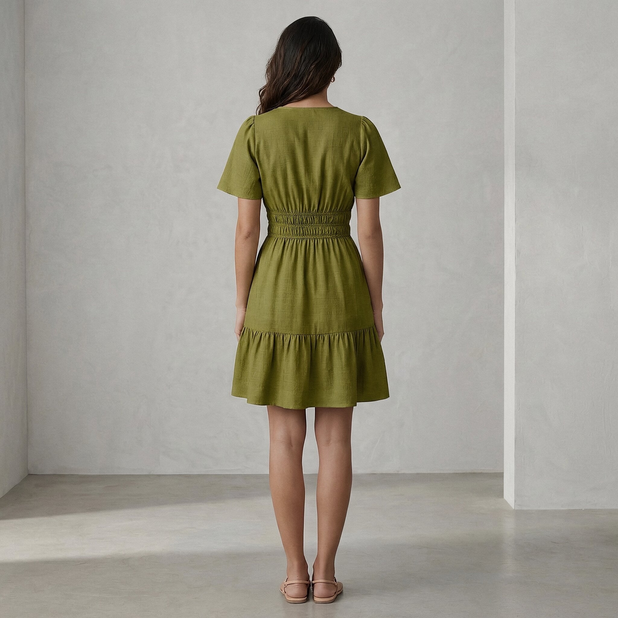Olive Green Handspun Cotton Elasticated Short Tier Dress
