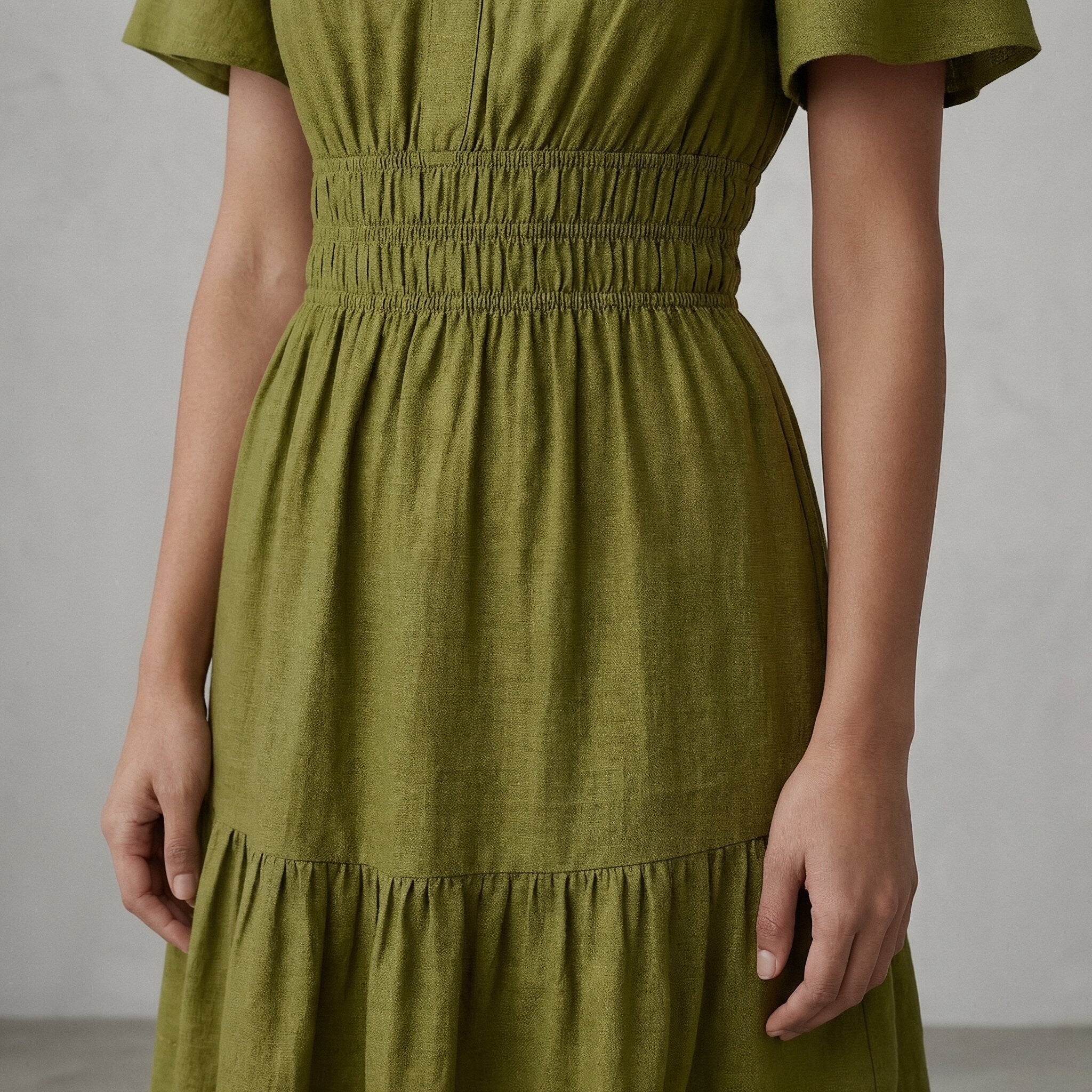 Olive Green Handspun Cotton Elasticated Short Tier Dress