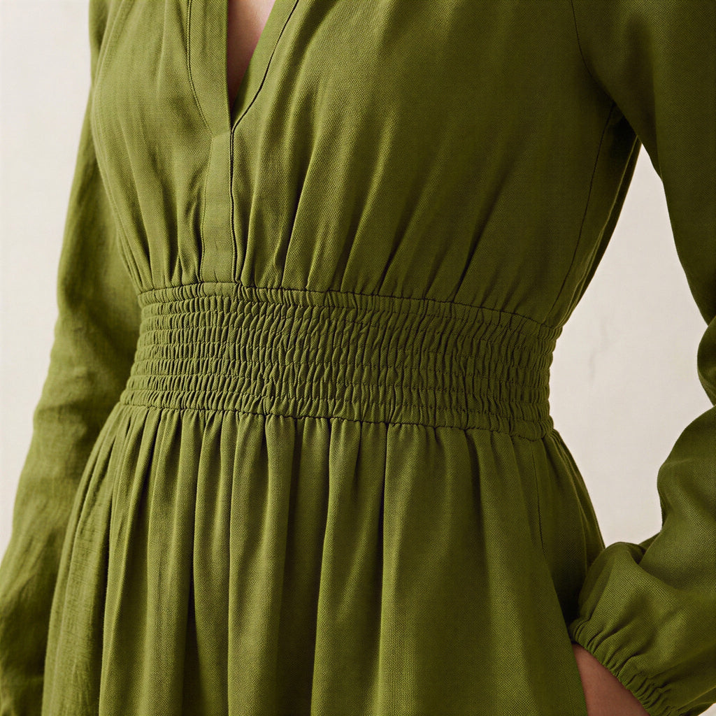 Olive Green Handspun Cotton Fit and Flare Maxi Tier Dress
