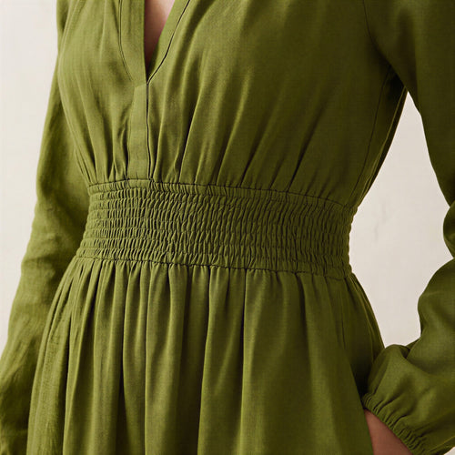 Olive Green Handspun Cotton Fit and Flare Maxi Tier Dress