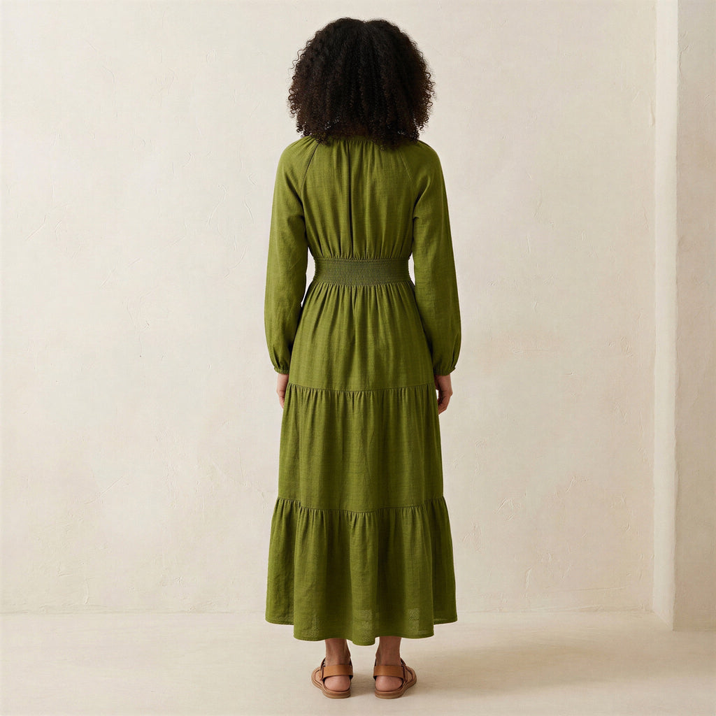 Olive Green Handspun Cotton Fit and Flare Maxi Tier Dress