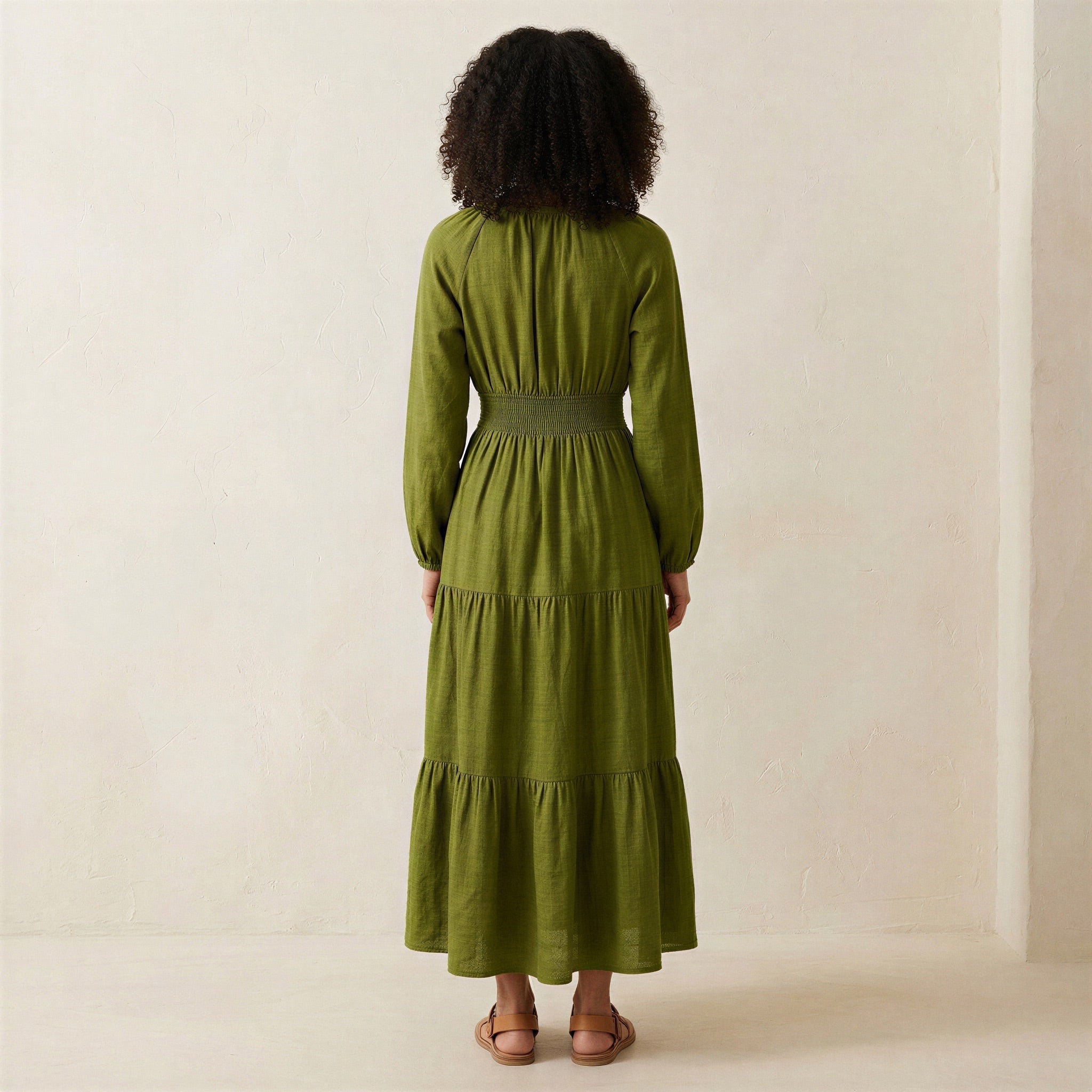 Olive Green Handspun Cotton Fit and Flare Maxi Tier Dress
