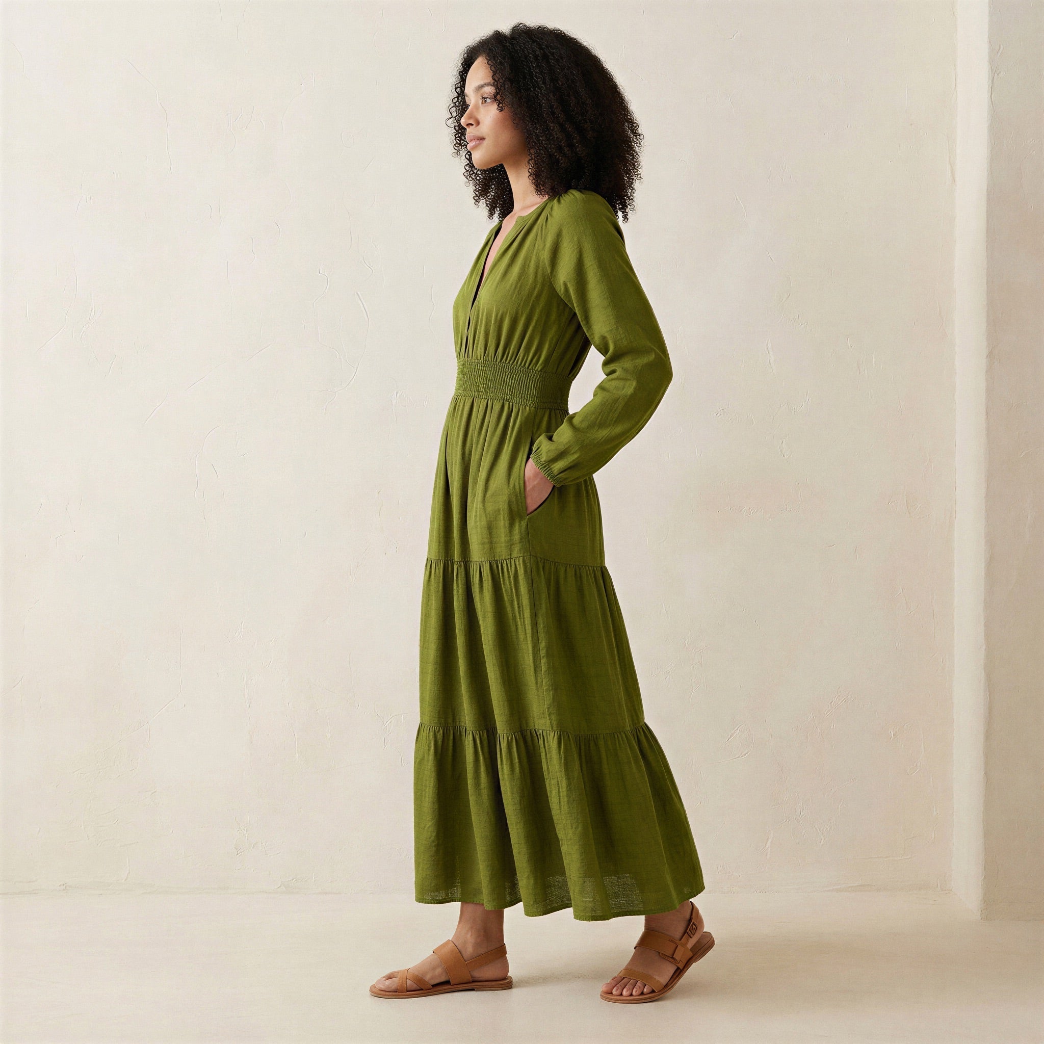 Olive Green Handspun Cotton Fit and Flare Maxi Tier Dress
