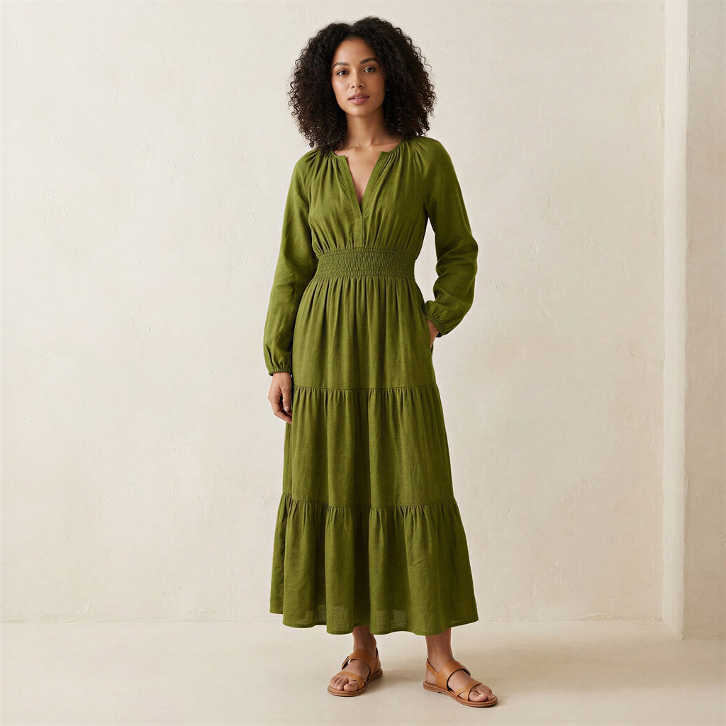 Olive Green Handspun Cotton Fit and Flare Maxi Tier Dress