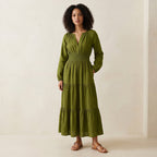 Olive Green Handspun Cotton Fit and Flare Maxi Tier Dress