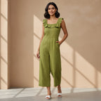 Olive Green Handspun Cotton Frilled Square Neck Jumpsuit