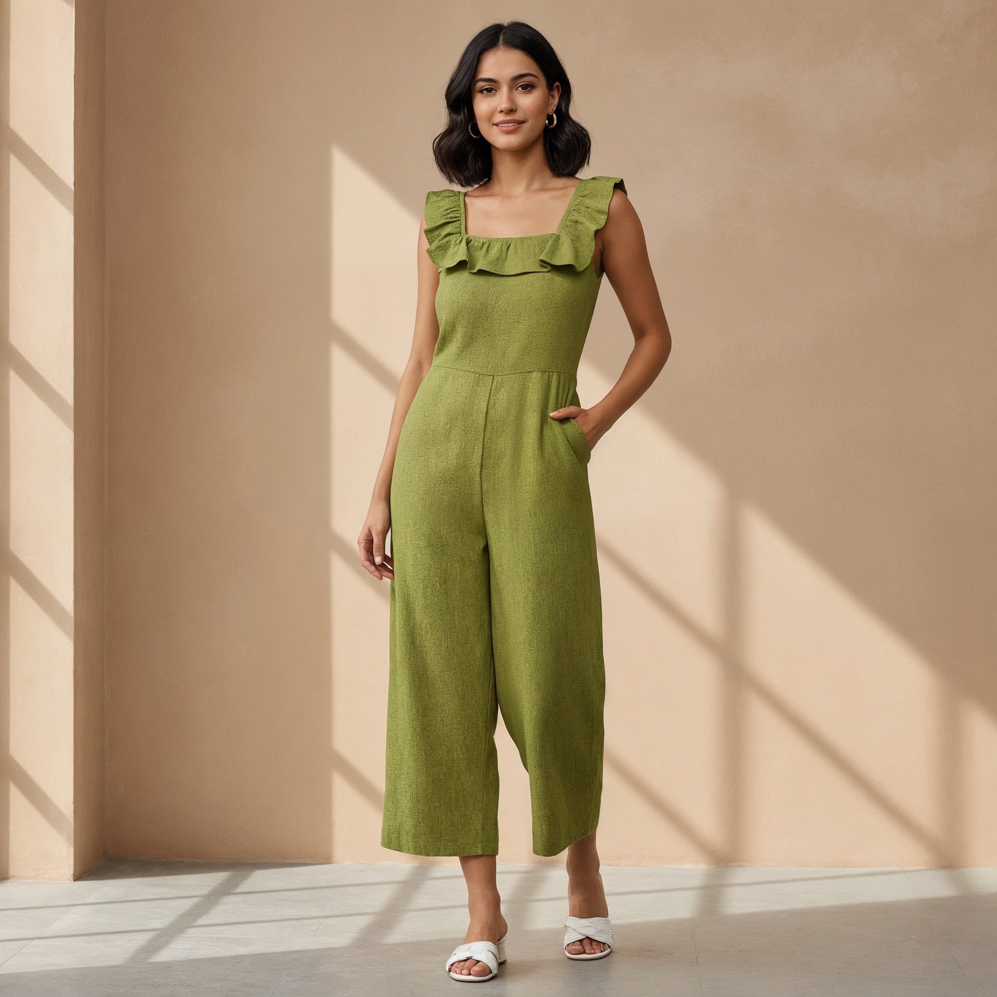 Olive Green Handspun Cotton Frilled Square Neck Jumpsuit