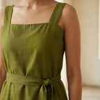 Olive Green Handspun Cotton Knee Length Princess Line Dress