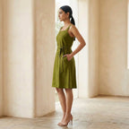 Olive Green Handspun Cotton Knee Length Princess Line Dress