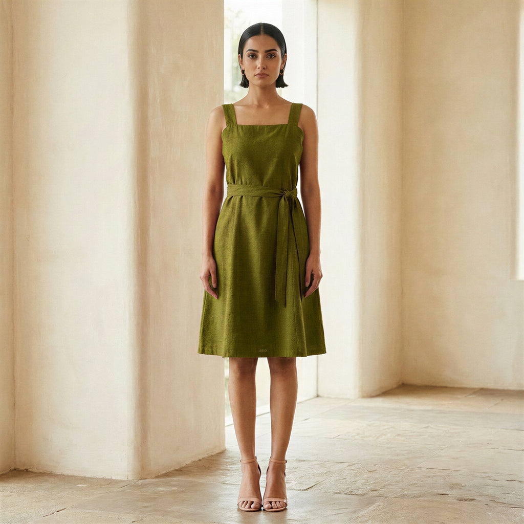 Olive Green Handspun Cotton Knee Length Princess Line Dress