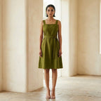 Olive Green Handspun Cotton Knee Length Princess Line Dress