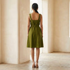 Olive Green Handspun Cotton Knee Length Princess Line Dress